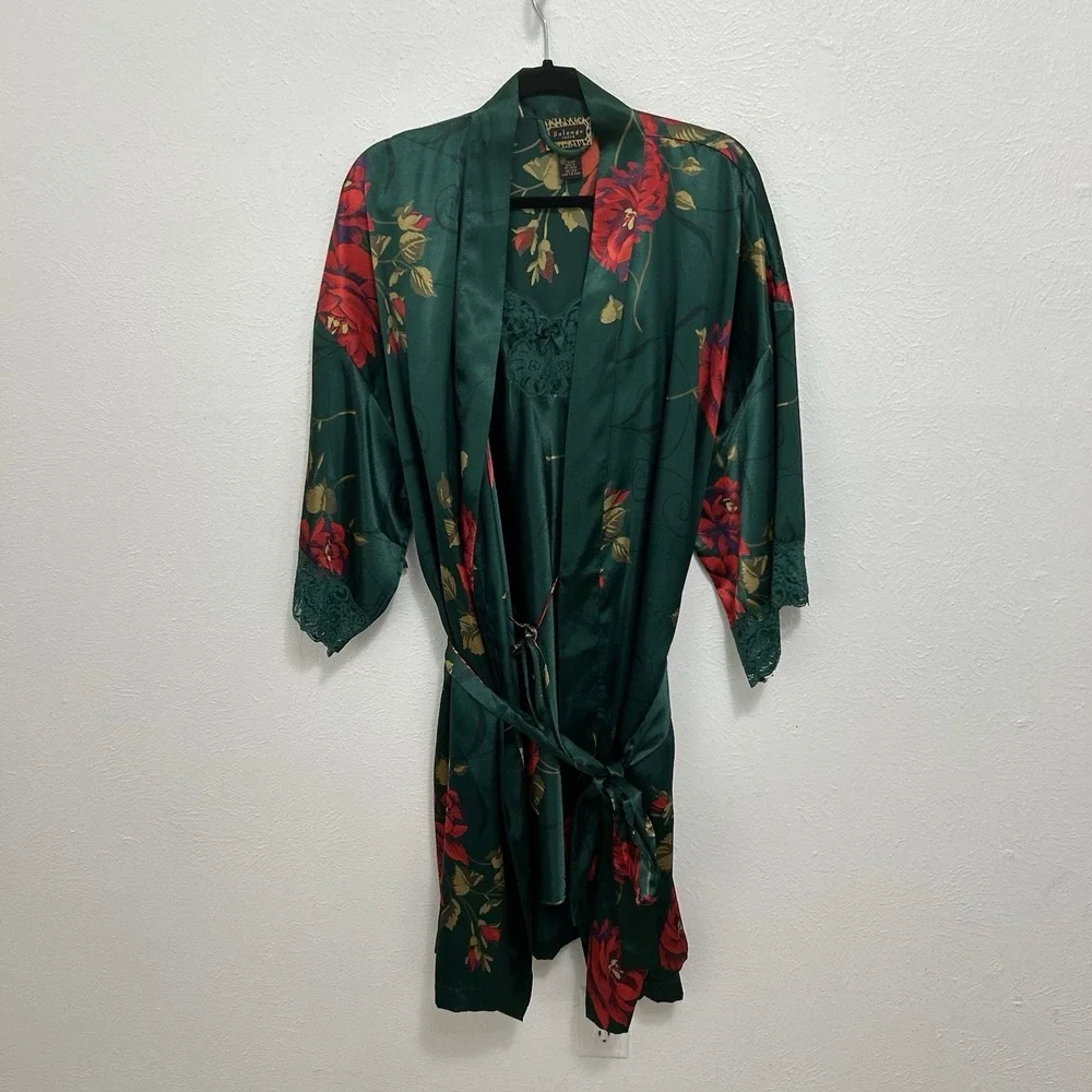 Vintage Robe & Slip Nightgown Slip Dress SET Solange Satin Green Floral 18/20